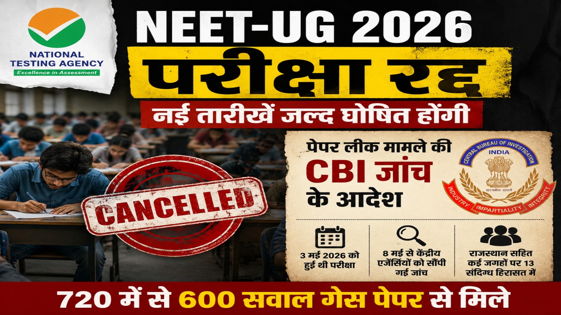NEET-UG 2026 परीक्षा रद्द, पेपर लीक के आरोपों पर CBI जांच के आदेश, नई तारीखें जल्द घोषित होंगी